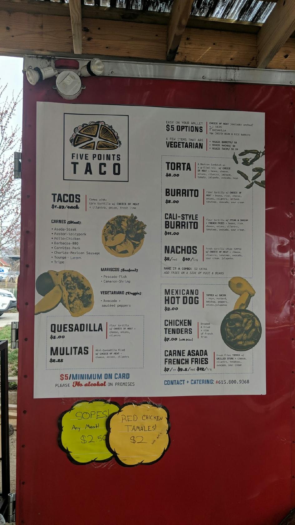 Menu at Cheap Charlie's Taco Shop restaurant, Nashville