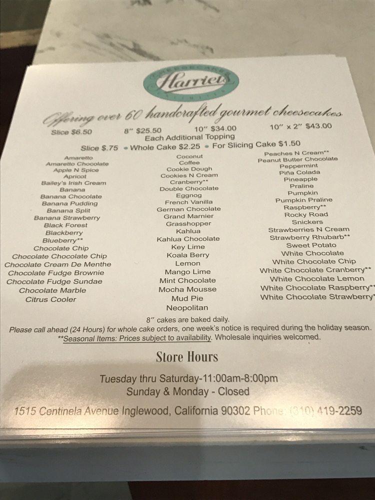 Menu at Harriets Cheesecakes Unlimited desserts, Inglewood