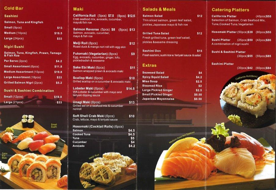 Menu at Momoyama Sushi restaurant, Elsternwick