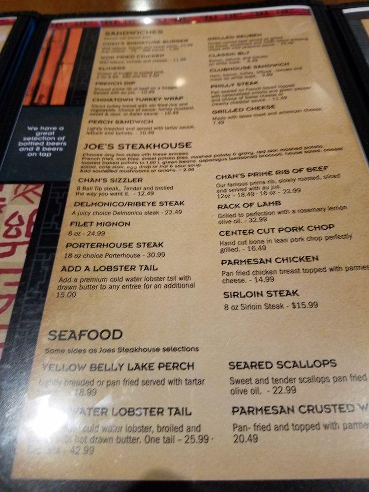 Menu at Joe Chan's Bistro steakhouse, Muskegon