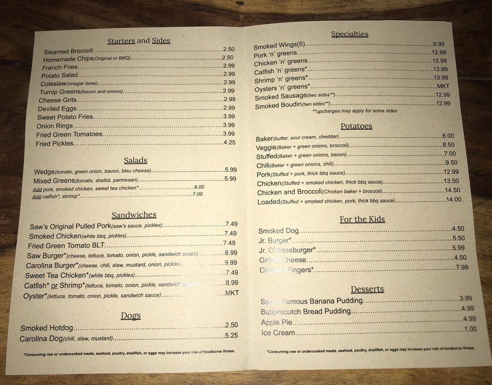 Menu at SAW’s Juke Joint pub & bar, Birmingham