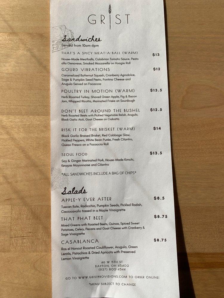 Menu at Grist restaurant, Dayton, 46 W 5th St