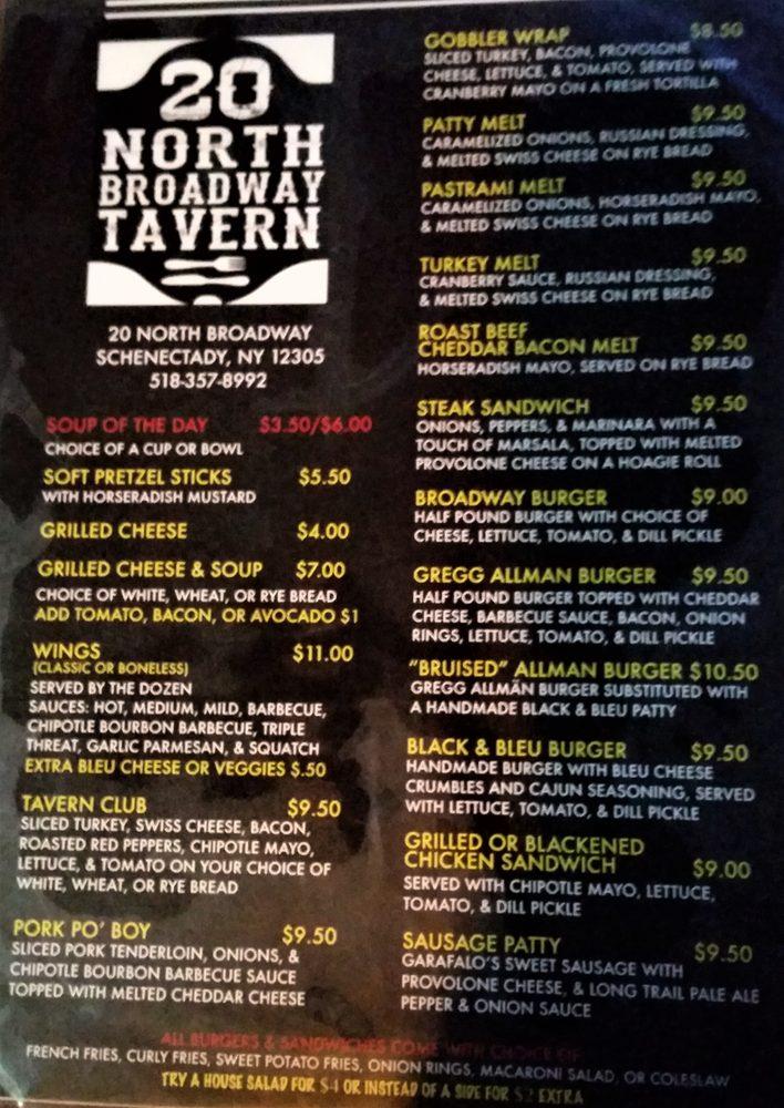 Menu at 20 North Broadway Tavern pub & bar, Schenectady