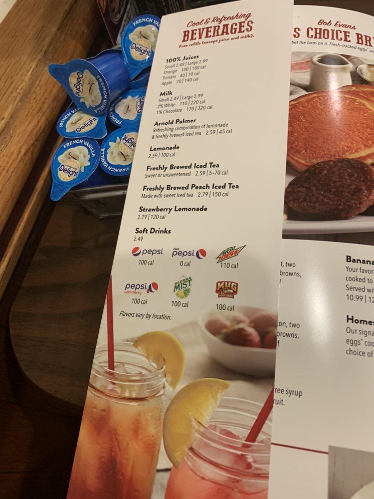 Menu at Bob Evans restaurant, Van Wert