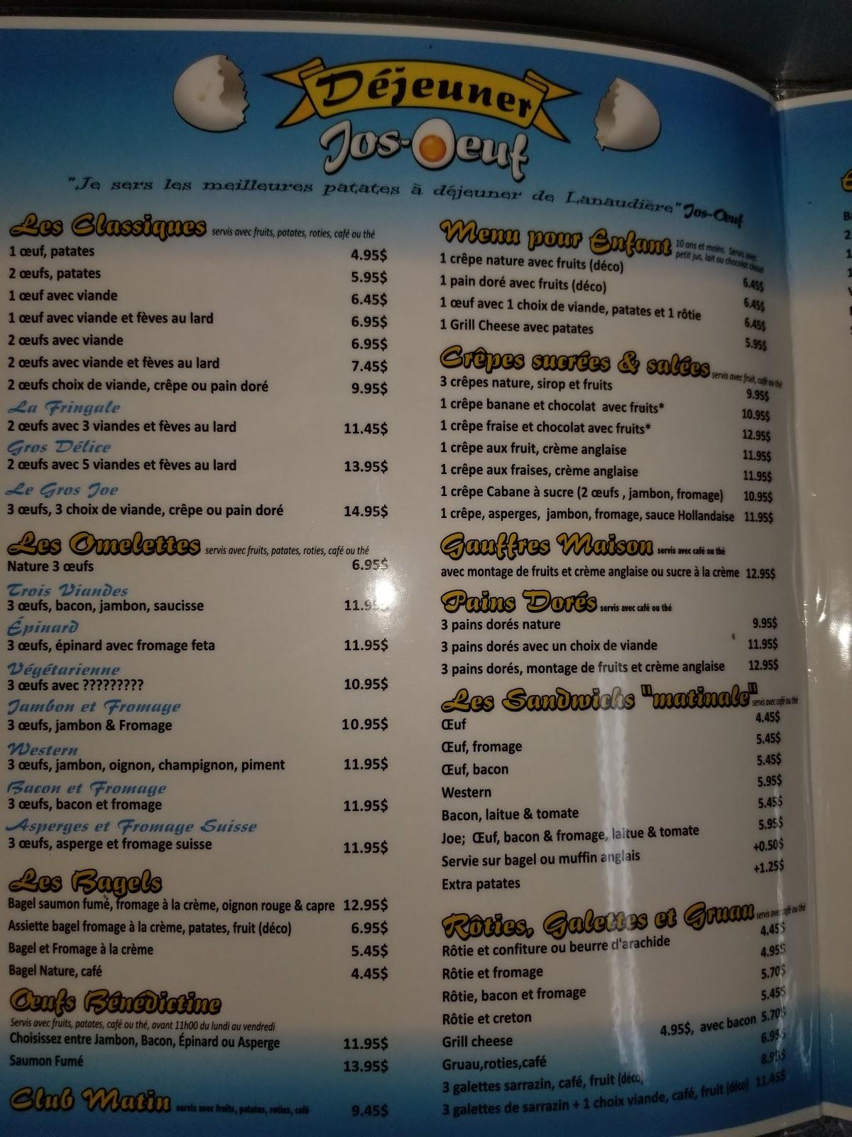 Menu at Resto josoeuf restaurant, Terrebonne, Rue Gauthier