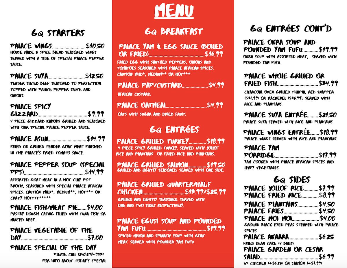 Menu at GQ Palace Restaurant and Lounge, Lanham
