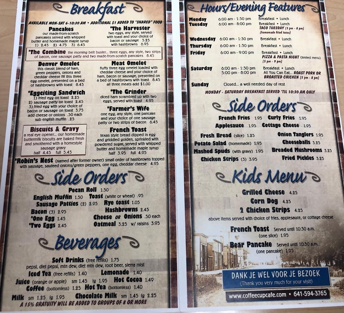 Menu at Coffee Cup Cafe, Sully