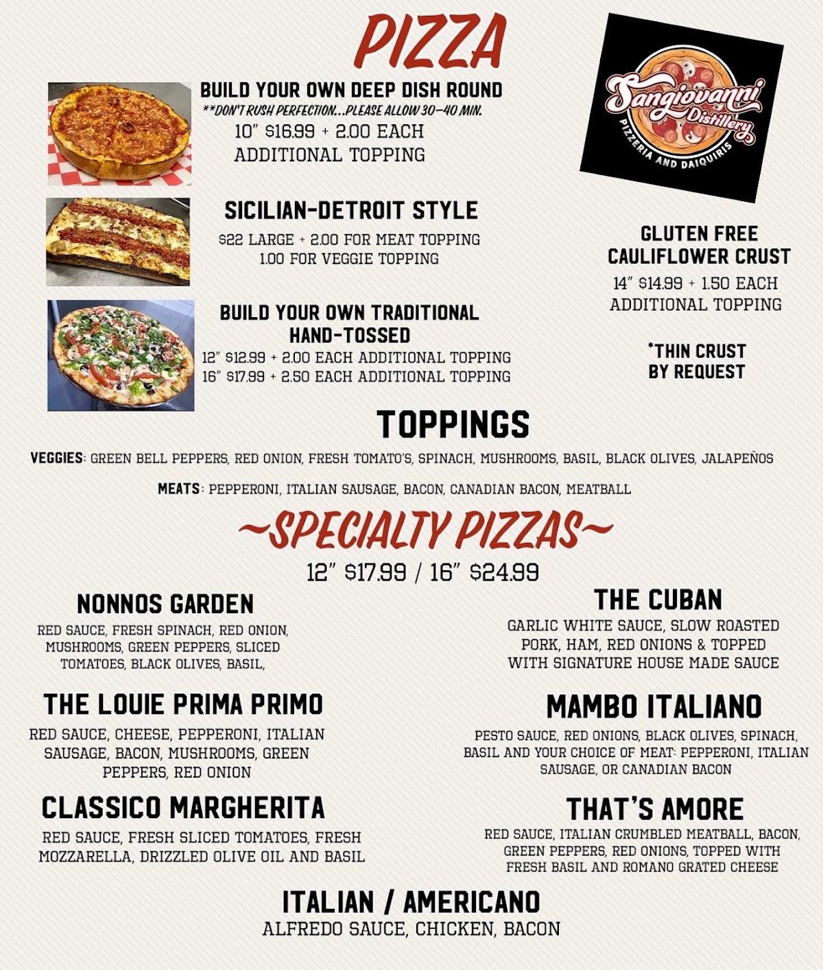 Menu at Sangiovanni Distillery Pizzeria & daiquiris, Pflugerville