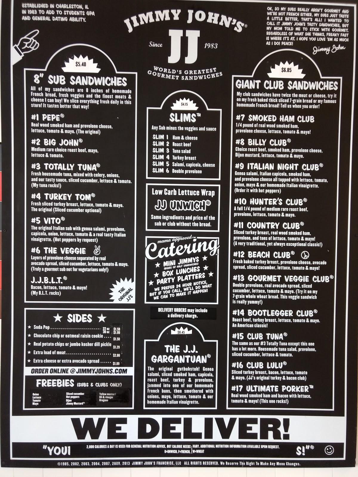 Menu at Jimmy John's fast food, Lincoln, Pioneers Blvd