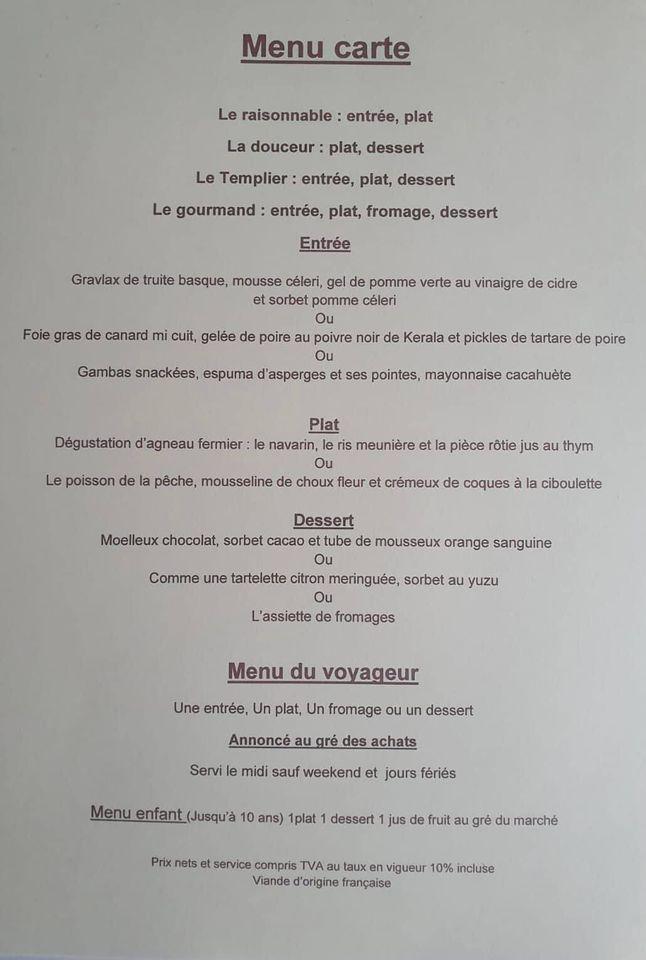 Menu at Les Templiers restaurant, Dunes