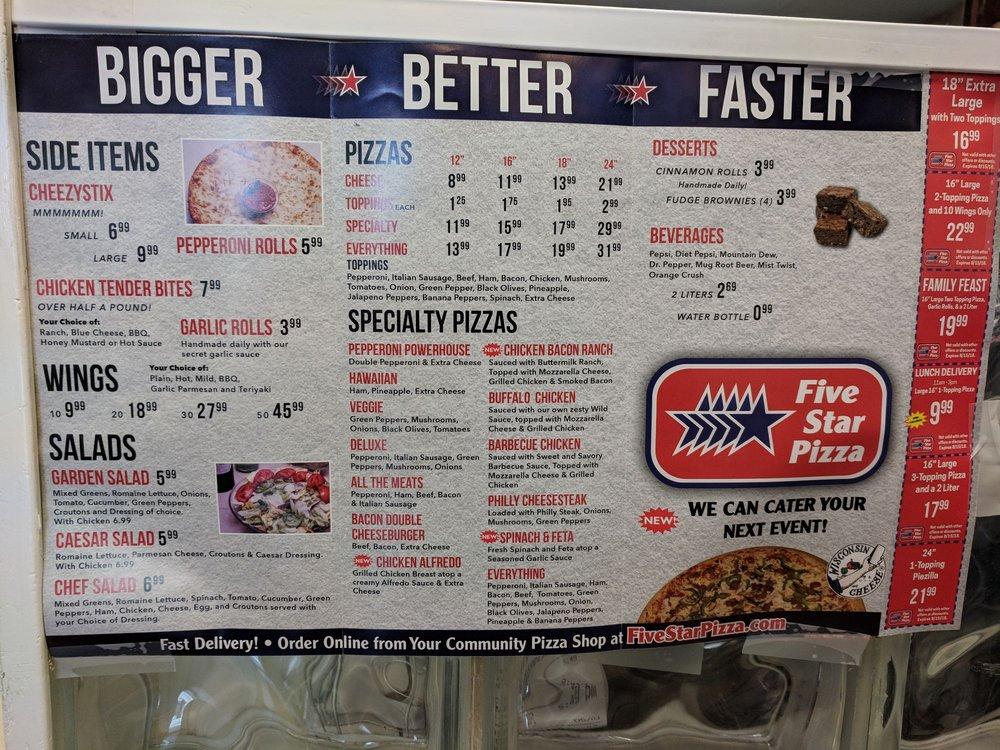 Carta de pizzería Five Star Pizza, Jacksonville, San Jose Blvd
