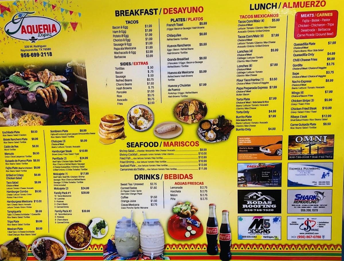 Menu at Taqueria López restaurant, Raymondville