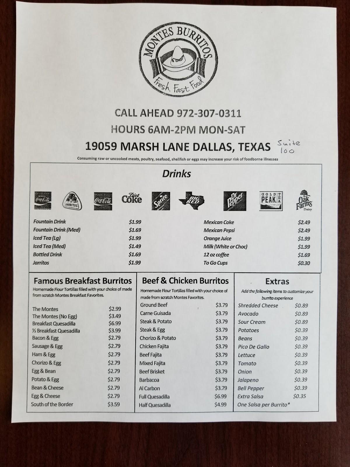 Menu at Montes Burritos Dallas restaurant, Dallas
