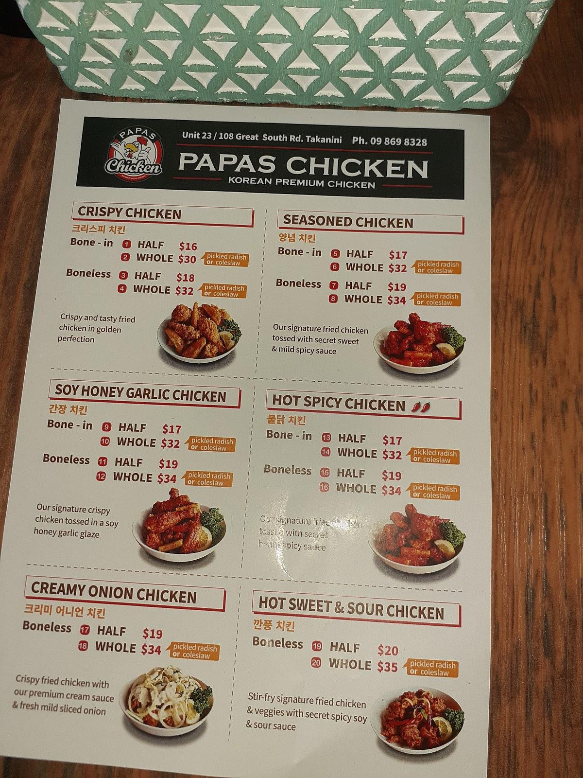 Menu at Papas Chicken restaurant, Auckland