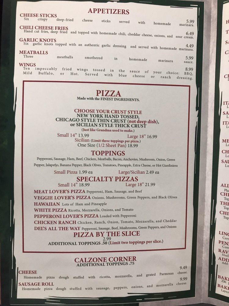 Menu at J. Del's Pizza pizzeria, Pigeon Forge