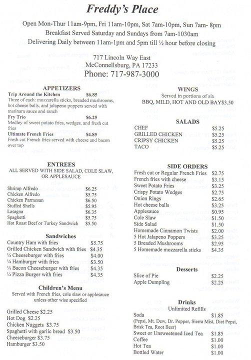 Menu at Freddy's Pizza & Subs pizzeria, McConnellsburg