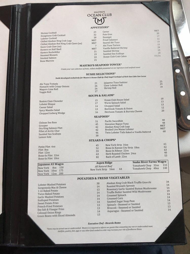 Menu at Mastro's Ocean Club, Las Vegas