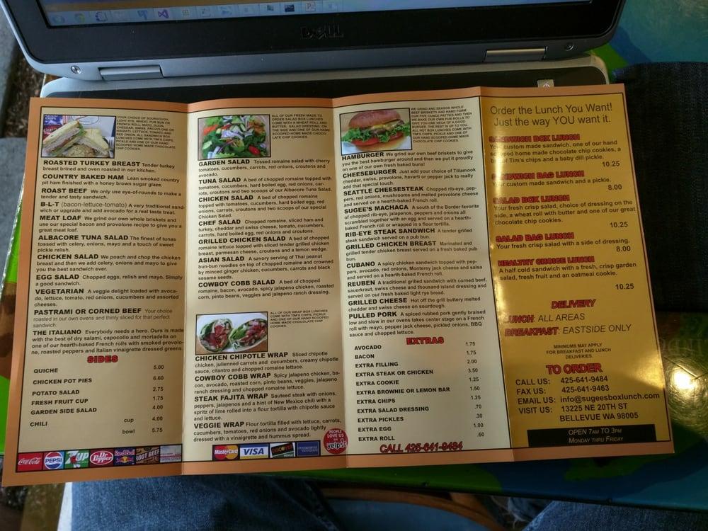 Menu at Sugee's Box Lunch Company restaurant, Bellevue, NE 20th St
