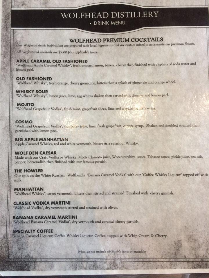 Menu at Wolfhead Distillery & Restaurant, Amherstburg