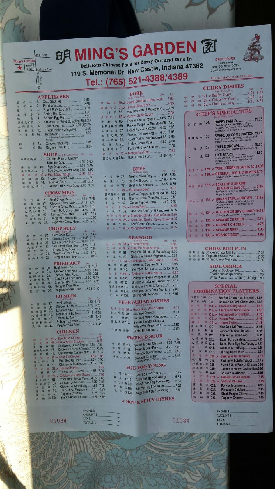 Menu at Ming's Garden restaurant, New Castle, 119 S Memorial Dr