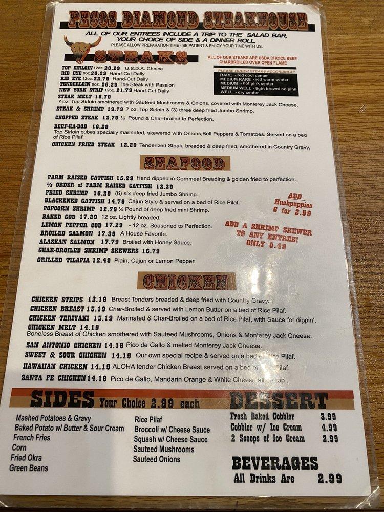 Menu at Pecos Diamond Steakhouse, Artesia