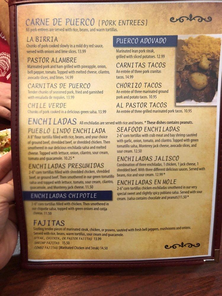 Menu at Pueblo Lindo restaurant, Meridian