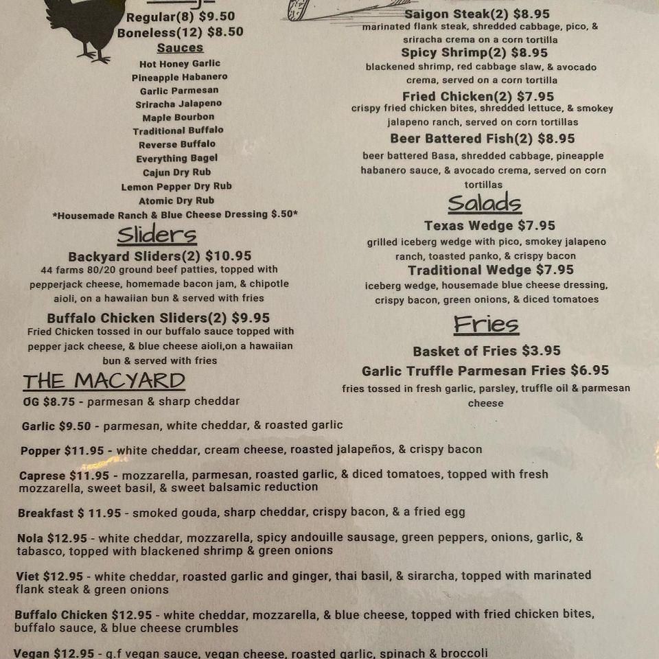 Menu at The Backyard restaurant, Seabrook