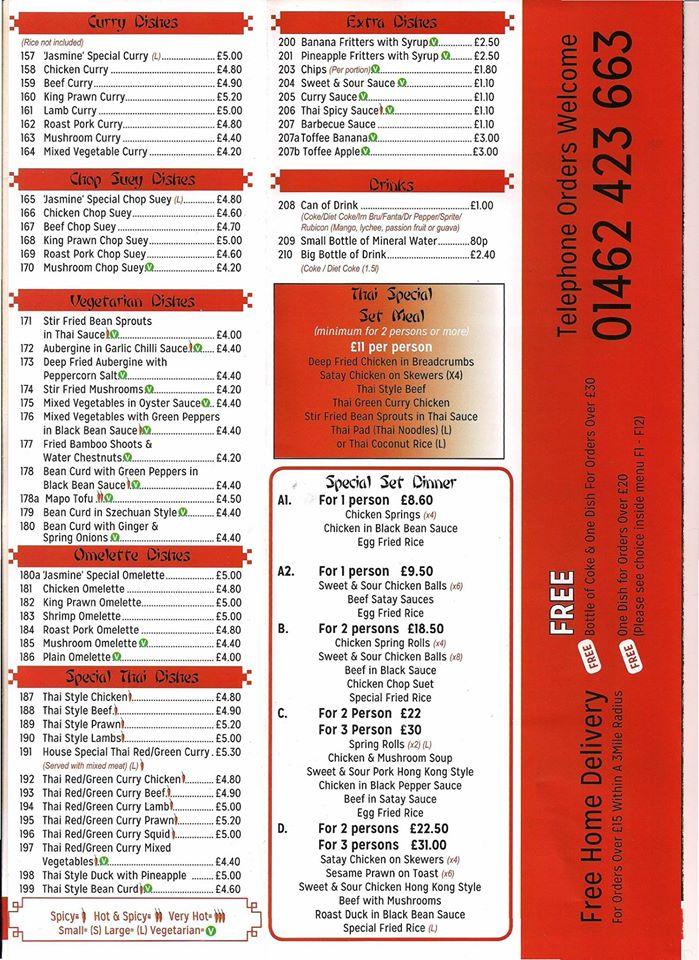 Menu at Jasmine restaurant, Hitchin