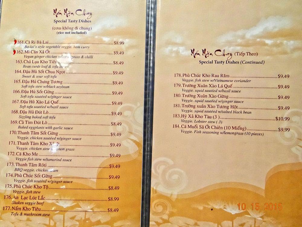 Menu at Bồ Đề Tịnh Tâm Chay restaurant, Westminster