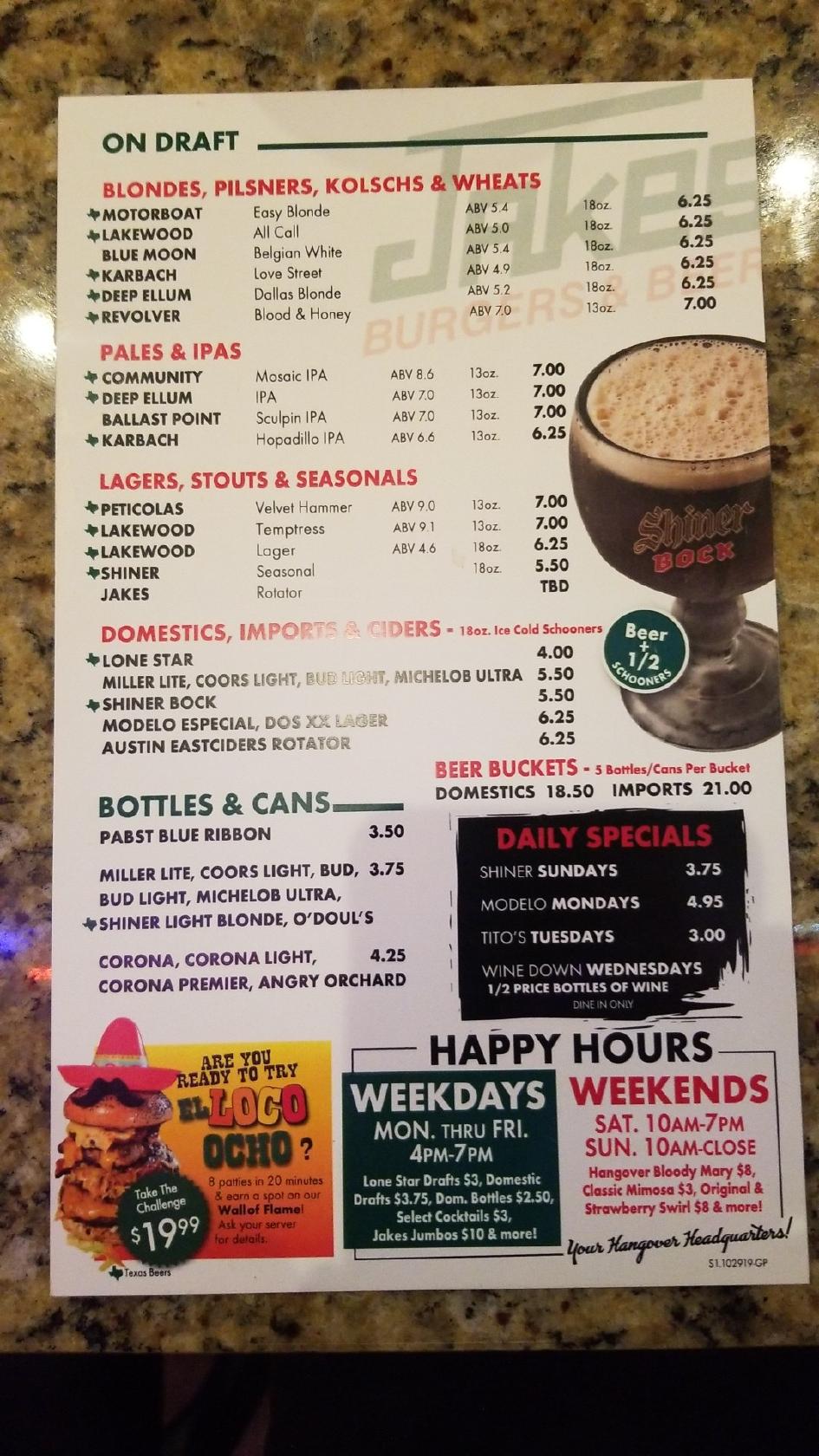 Menu at Jakes Burgers and Beer pub & bar, Grand Prairie
