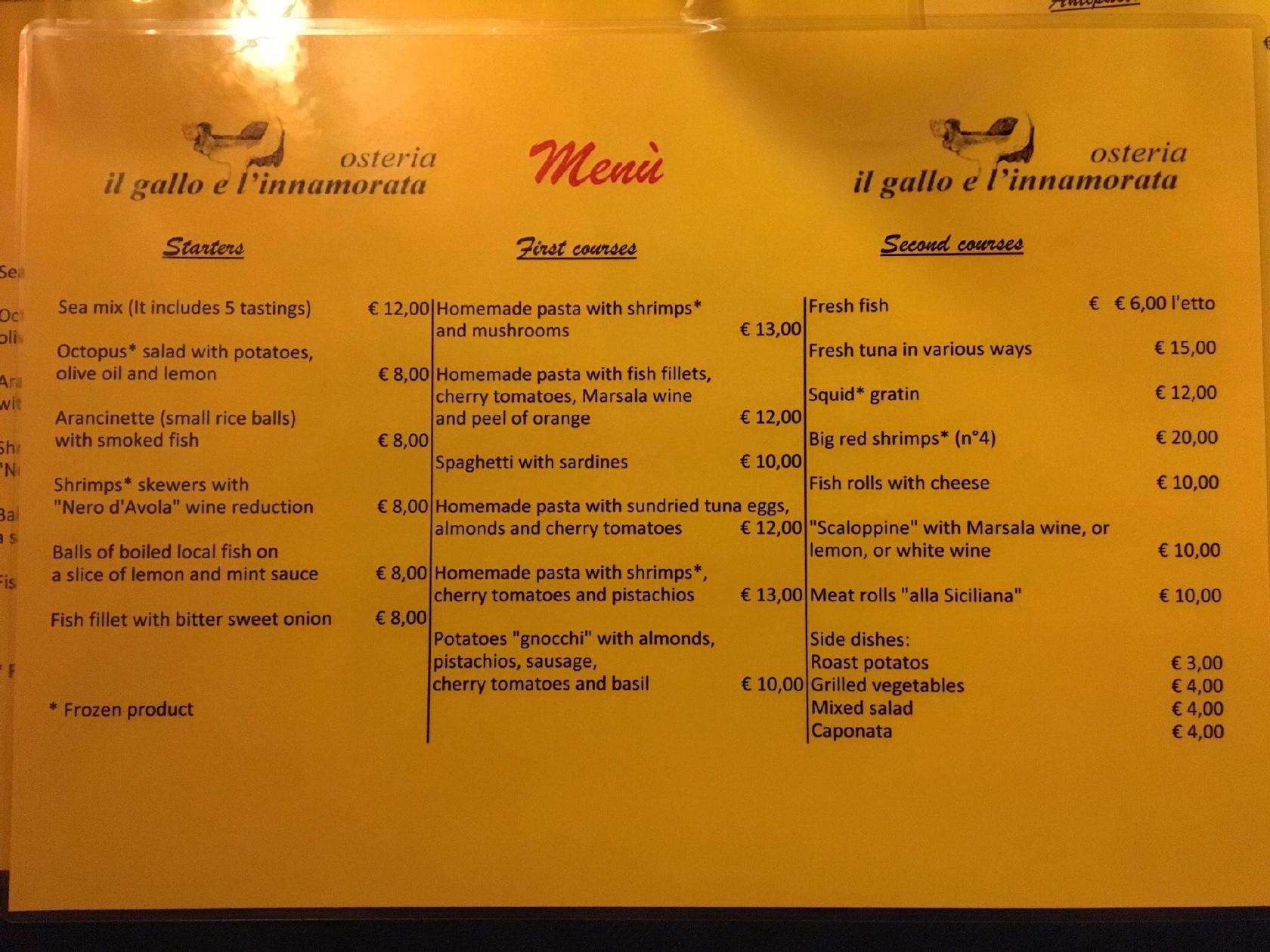 Menu at Osteria Il Gallo e L'innamorata restaurant, Marsala
