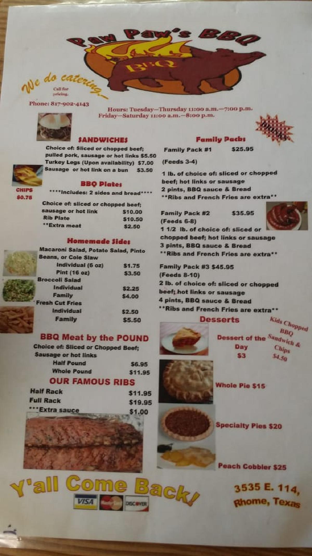 Menu at Paw Paw's BBQ, Boyd, E State Hwy 114
