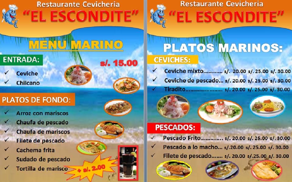 Carta De Restaurante Cevicheria El Escondite Lima