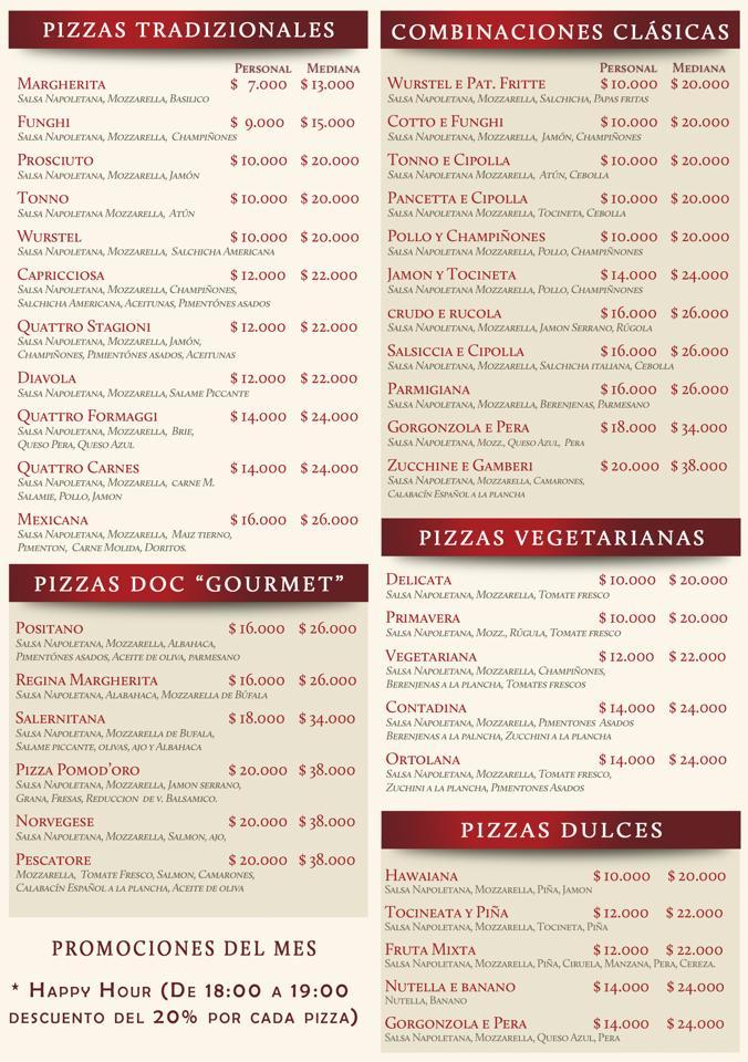 Menu at Pomod'Oro pizzeria, Bogotá