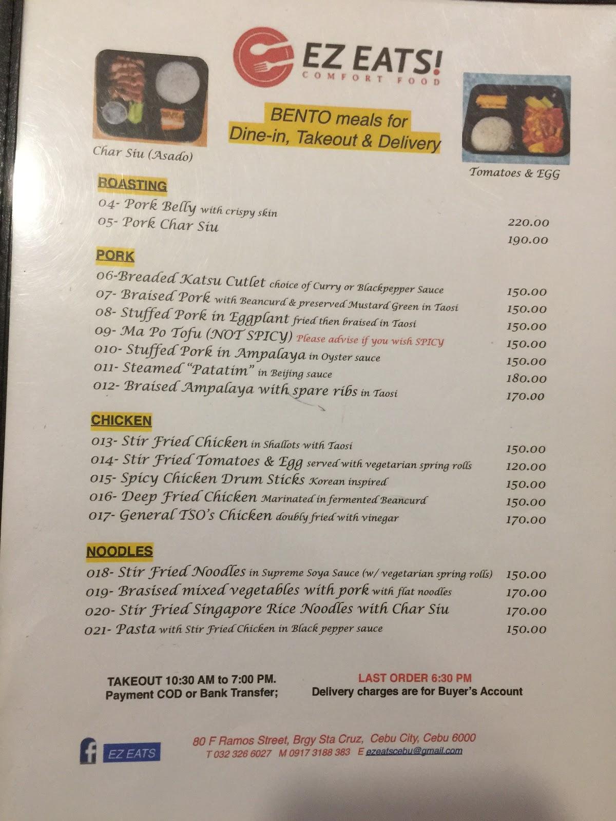 Menu at EZ EATS restaurant, Cebu City