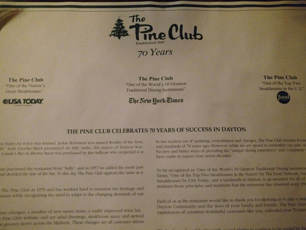 Menu at Pine Club, Dayton