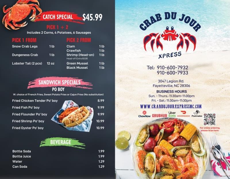 Menu at Crab Du Jour Xpress Cajun Seafood restaurant, Fayetteville