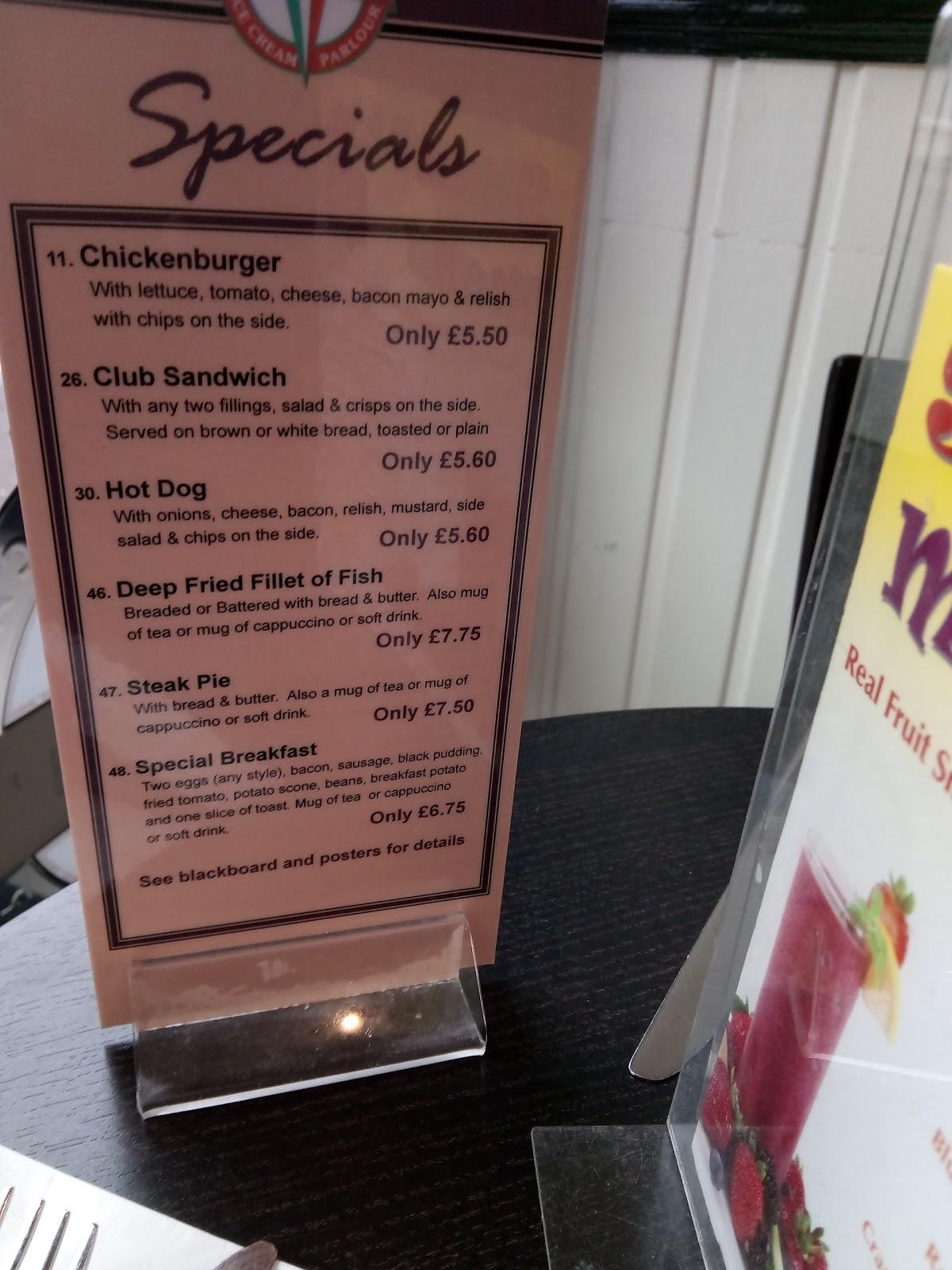 Menu at Ghiloni's cafe, Glasgow
