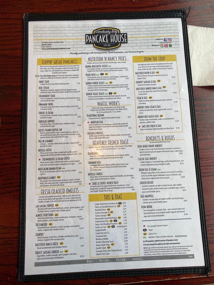 Menu at Sandusky Bay Pancake House restaurant, Sandusky
