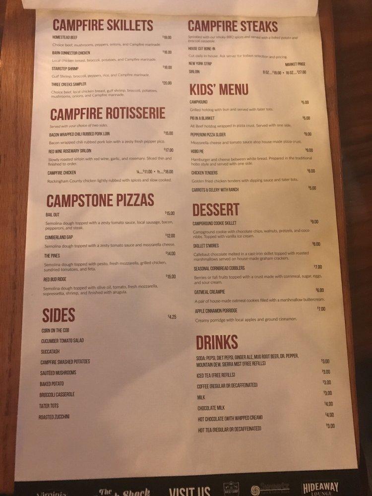 Menu at Campfire Grill restaurant, Massanutten, Delwebb Dr