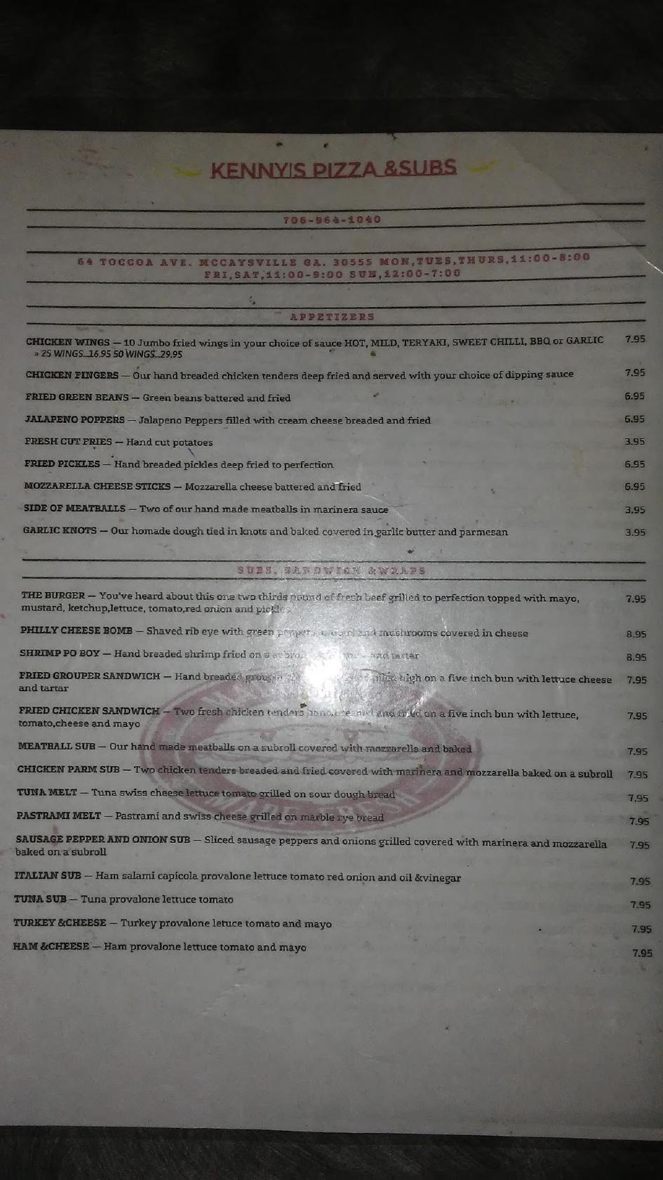 Menu at Kenny's Pizza & Subs pizzeria, McCaysville