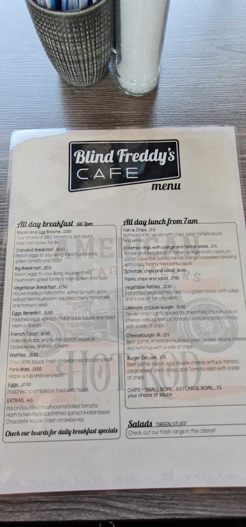 Menu at Blind Freddy's Cafe, Wodonga