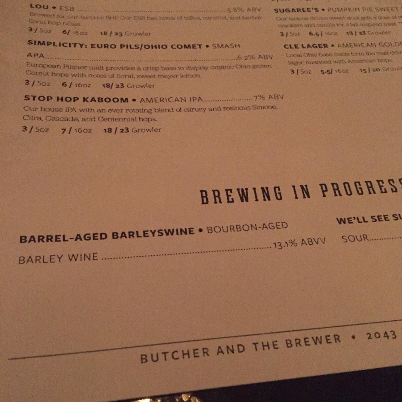Menu at Butcher and the Brewer pub & bar, Cleveland