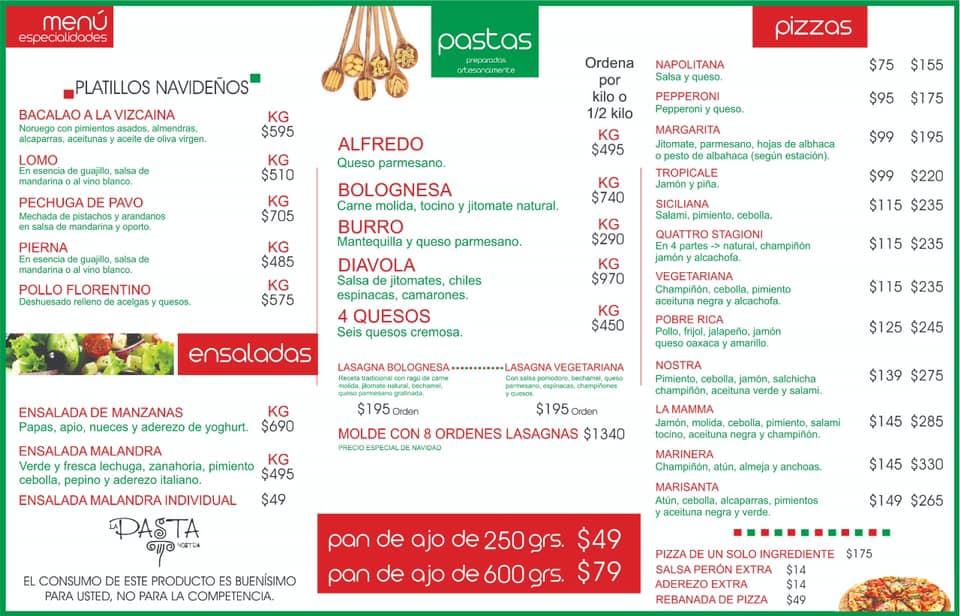 Menu at La Pasta Nostra restaurant, Morelia, Gob. Bruno Patiño 84