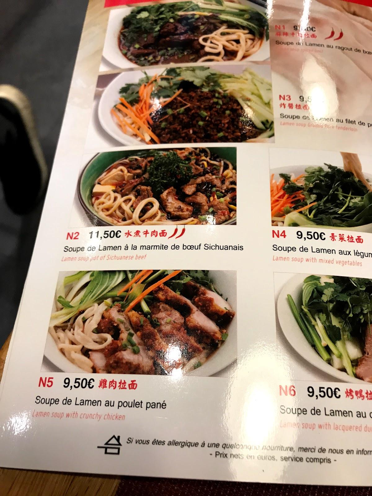 Menu at My Noodles restaurant, Paris