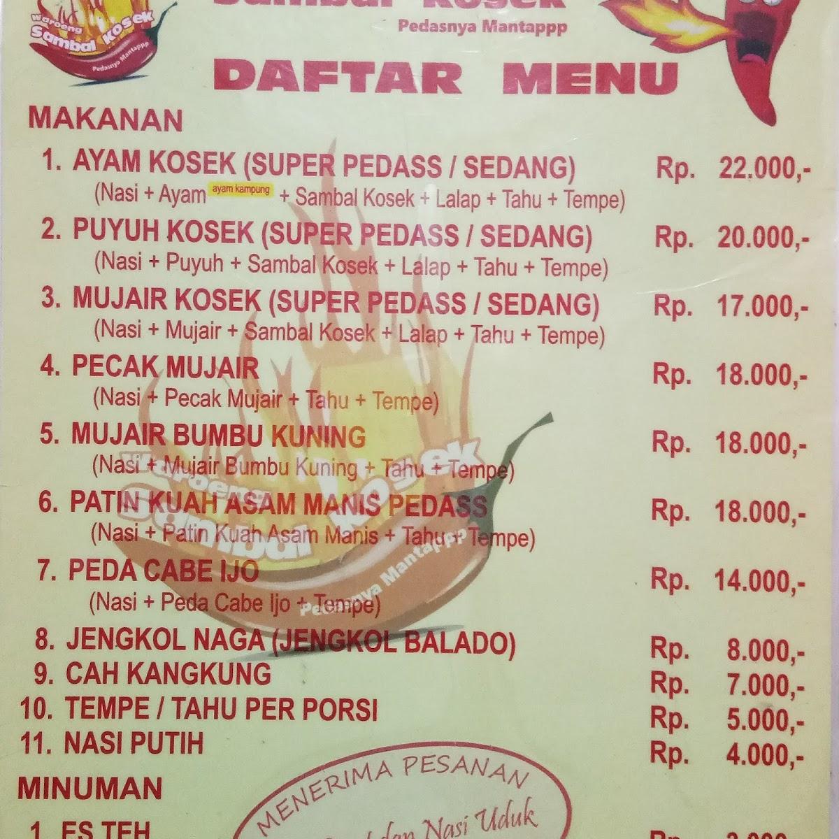 Menu at Waroeng Sambal Kosek cafe, Cilacap