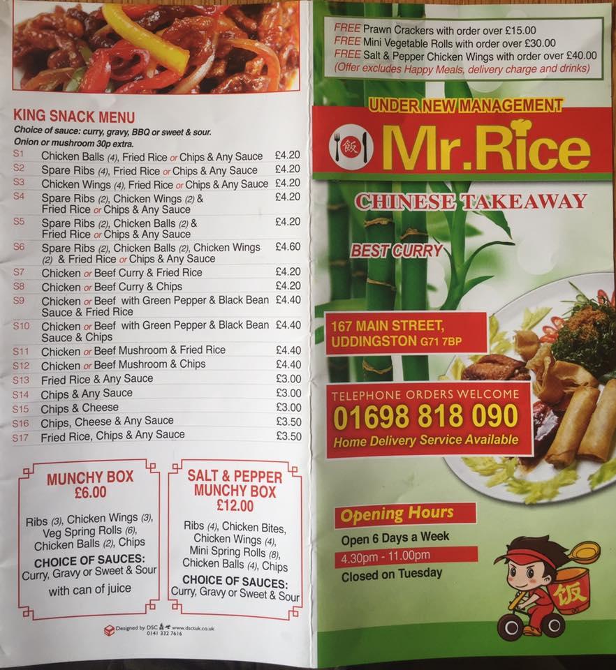 Menu at Mr Rice Chinese Takeaway Uddingston restaurant, Glasgow