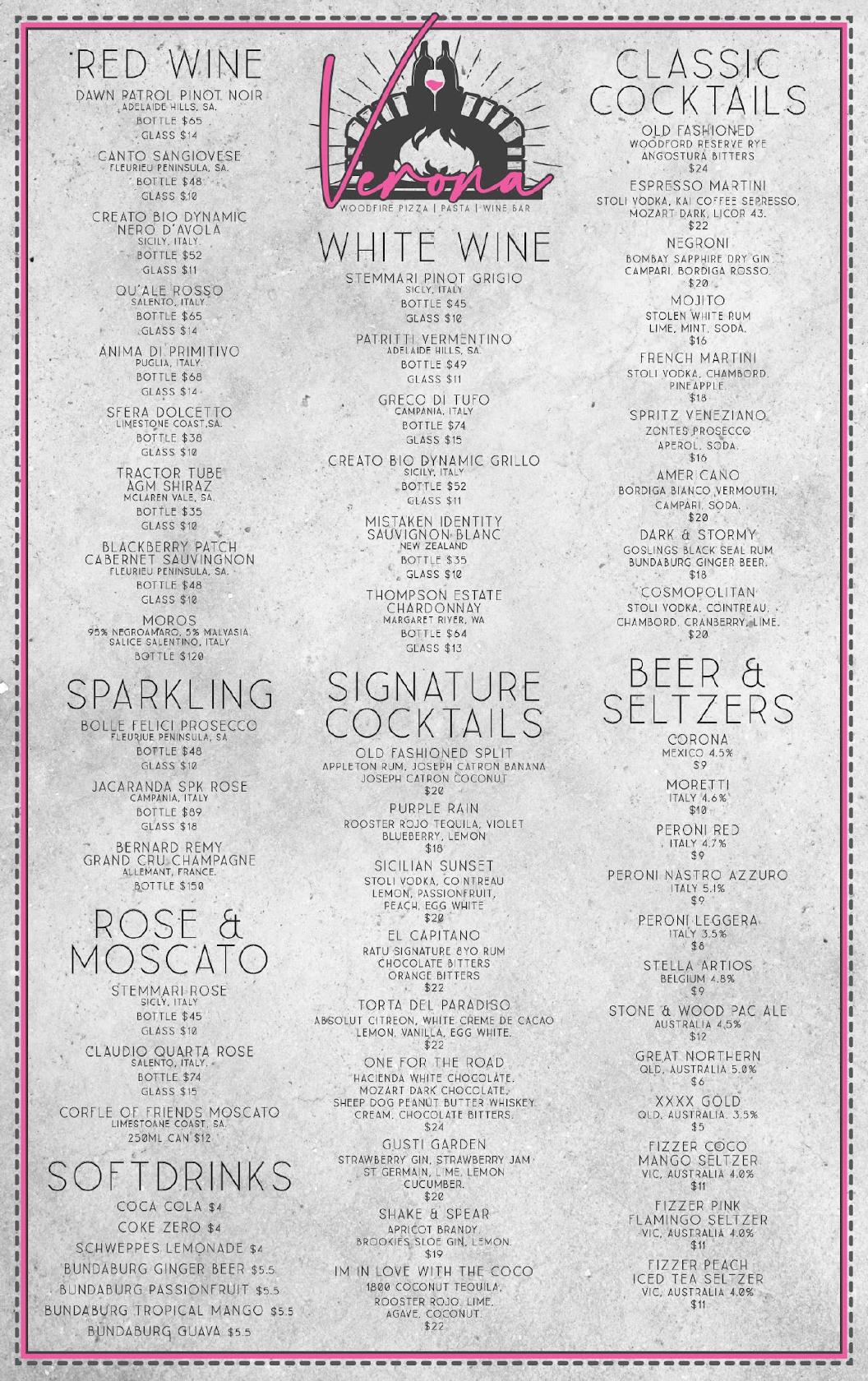 Menu at Verona Pizza & Wine Bar, Birtinya