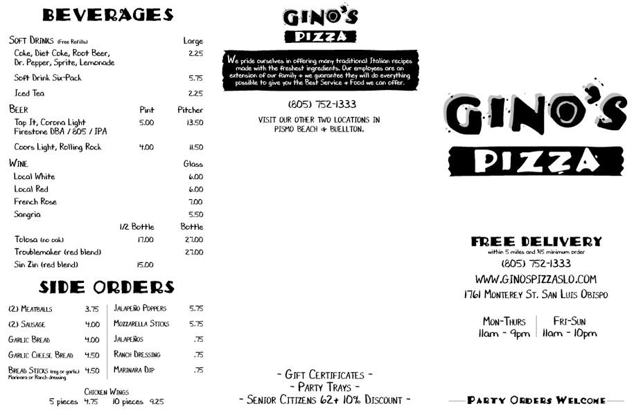 Menu at Gino's Pizza SLO pizzeria, San Luis Obispo