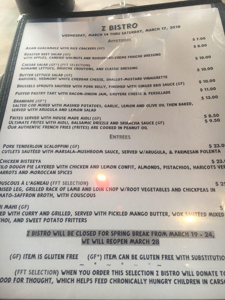 Menu at Z Bistro restaurant, Carson City